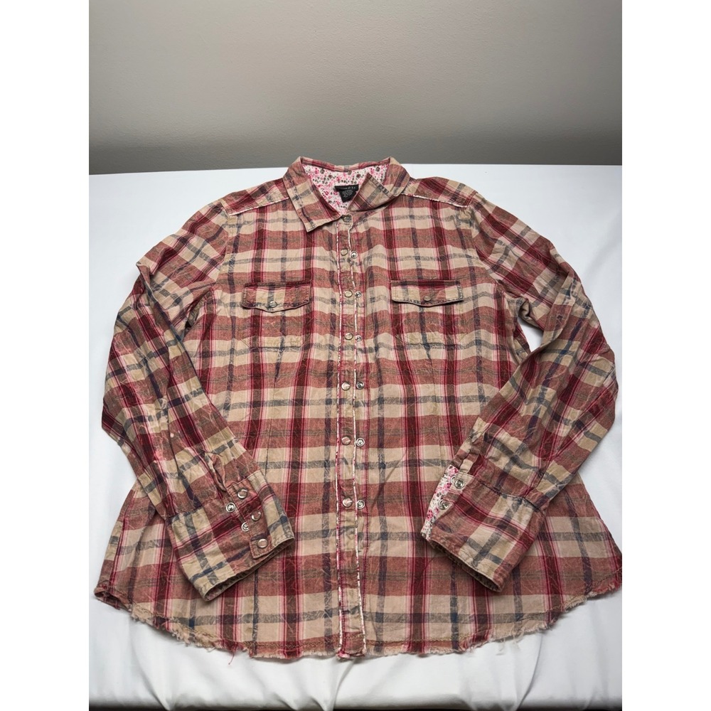 Rue21 Womens XL Red Tan Plaid Western Snap Front Frayed Hem Cotton Shirt - Picture 2 of 9